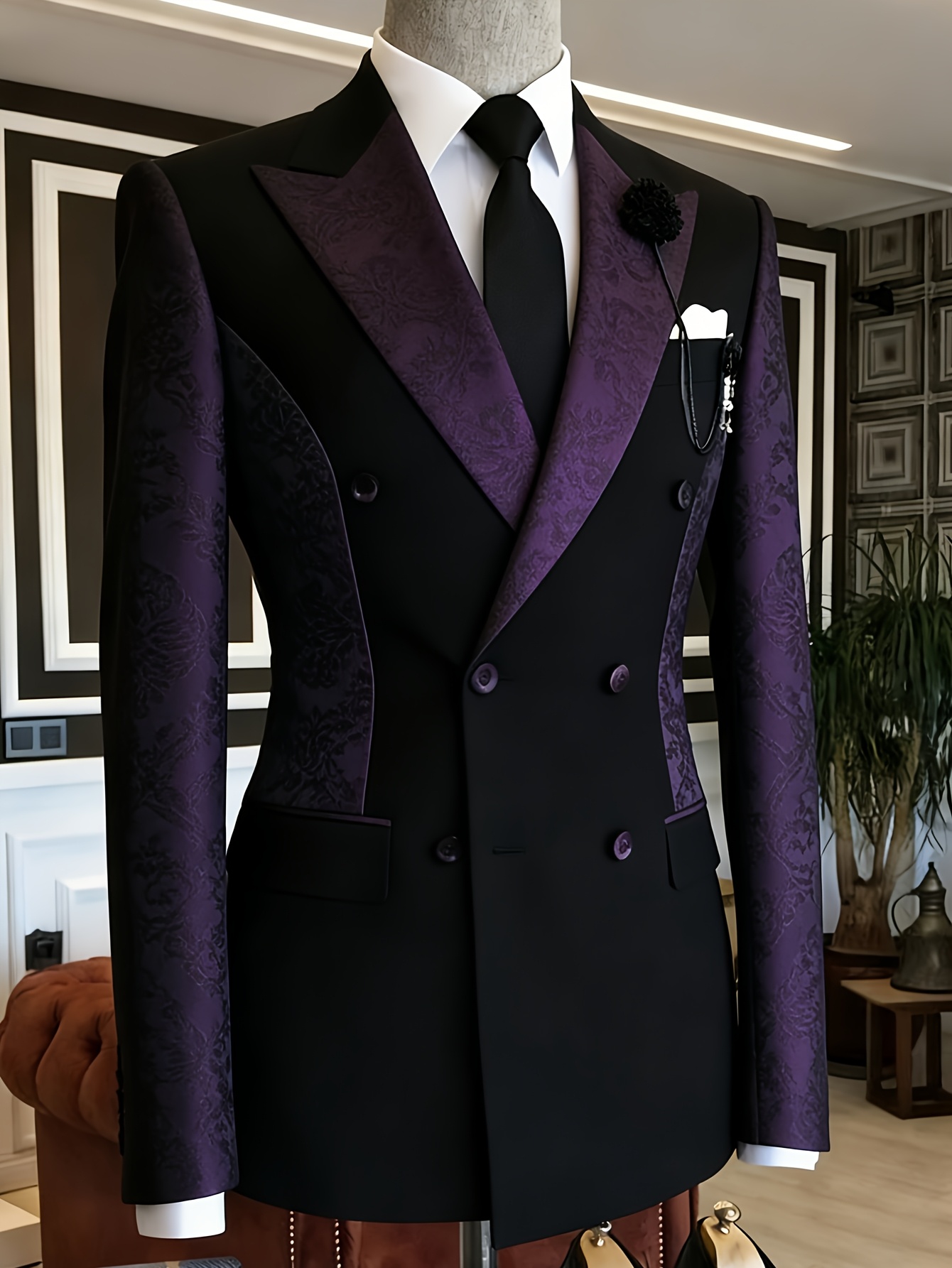 Jack Men'S Grooming - Herren Schwarzer Zweireiher Blazer mit Lila