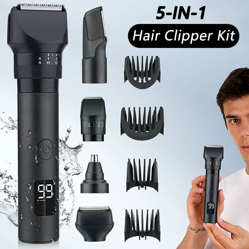 Beard Trimmer Cordless - 5-in-1 Kabelloser Haarschneider mit LED-Display, Bart-/Nasentrimmer