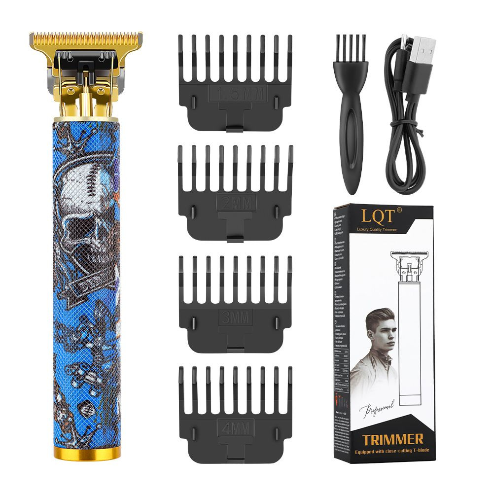 Beard Trimmer Cordless - Retro-Tattoo-Totenkopfmuster Kabelloser T-Haartrimmer mit Goldklinge, Zero-Gap-Barber-Rasierer